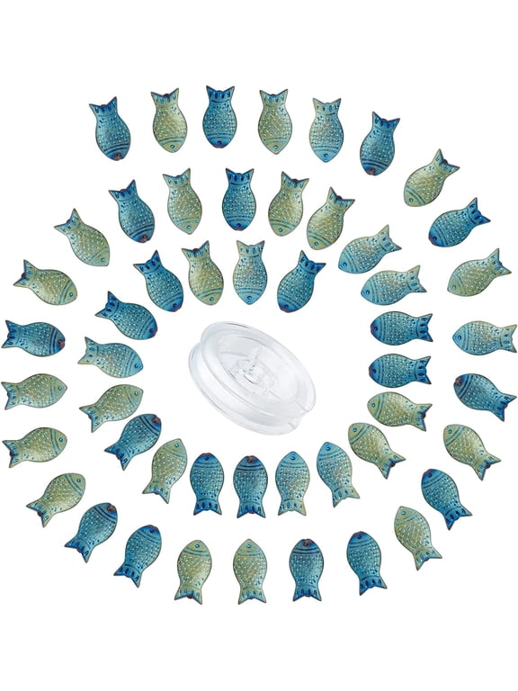 1 Box 50Pcs Fish Beads Bulk Blue Glass Sea Ocean Animal Double Sided Fishes Beads Small Shiny Frosted Electroplated Charms Elastic Thread DIY
