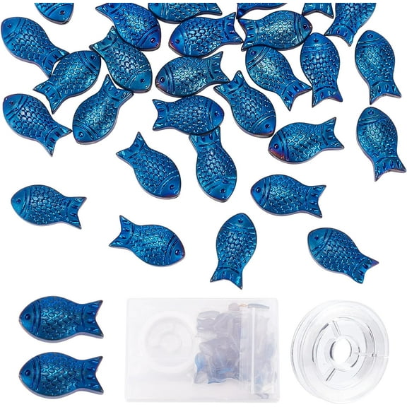 1 Box 50Pcs Fish Beads Sea Ocean Animal Electroplated Glass Bead Carved Frosted Blue Beads for DIY Jewelry Making Elastic Thread Beading Kit Bracelet Earrings Necklace Supplies Summer Craft