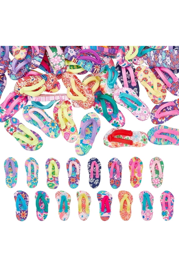 1 Box 50Pcs Flip Flop Charms Polymer Clay Cabochon Handmade Flower Printed Slipper Ornament Flat Back Cabochons Miniature Flip Flops for Crafts Jewelry Making Scrapbooking Embellishments for DIY