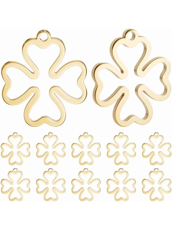 1 Box 50Pcs Gold Clover Charms 18K Gold Plated 304 Stainless Steel Flat Four Leaf Shamrock Hollow Charm for Jewelry Making DIY Crafts Supplies St. Patrick Gold