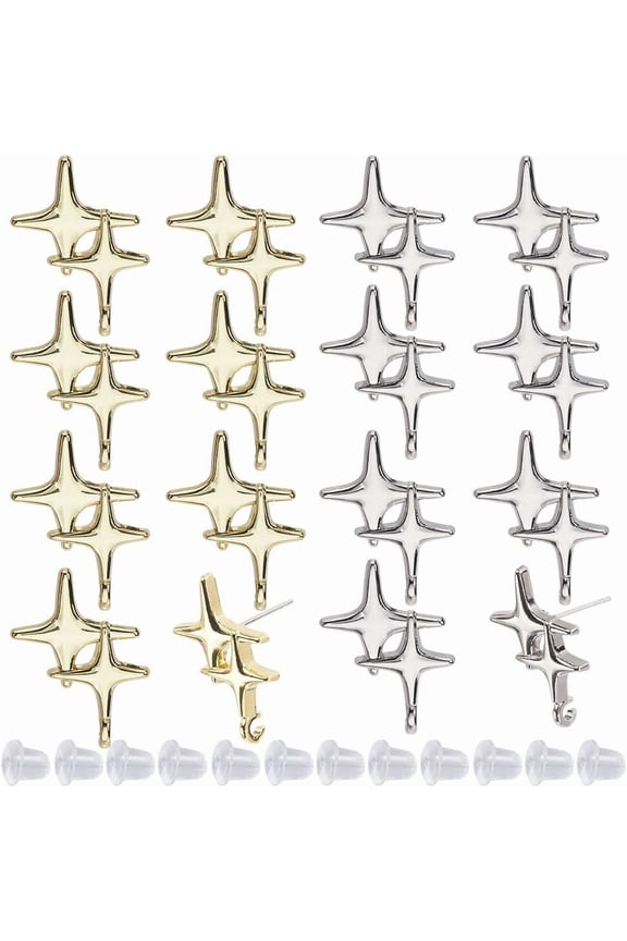 1 Box 50Pcs Stud Earring Findings Star Ear Post with Loops 20Pcs Silver Golden Ear Studs with 30Pcs Plastic Nuts Post Earrings for Jewelry Making Accessories DIY Crafts Women Adult Supplies
