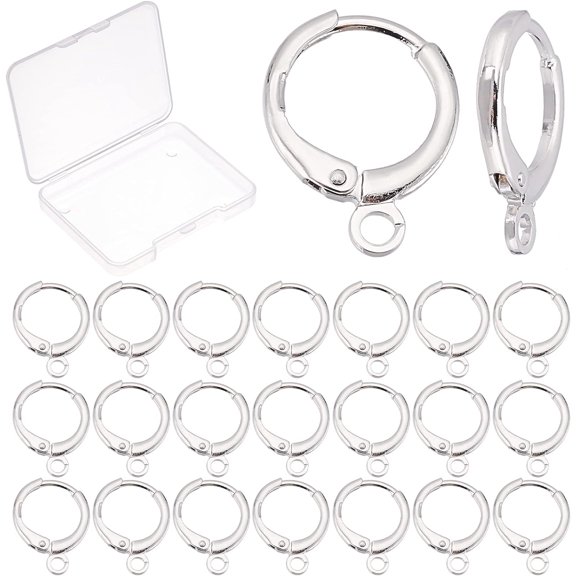 1 Box 50pcs Leverback Earring Hooks Round Silver Real Platinum Plated Brass Earwire French with Horizontal Open Loop Ear Wire