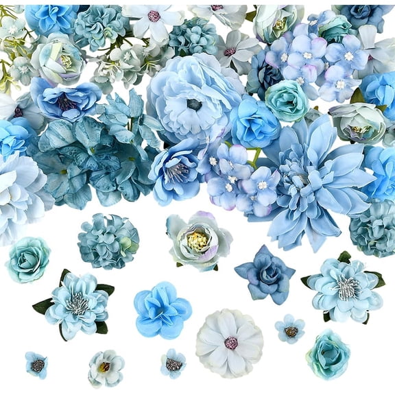 1 Box 51Pcs Random Style Blue Artificial Flower Heads Silk Flower Heads Fabric Blossoms for DIY Crafts Cake Toppers Bouquets Wedding Party Decorations Wreath Garland Making Supplies Gray