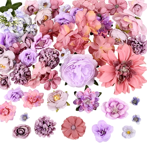 1 Box 51Pcs Random Style Purple Flower Heads Artificial Flower Heads Bulk Fabric Blossoms for DIY Crafts Cake Toppers Bouquets Wedding Party