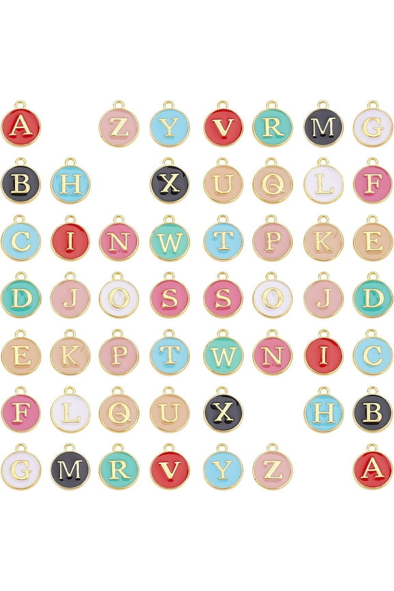 1 Box 52Pcs 26 Alphabet Charms A-Z Flat Round Gold Plated Initials Double Sided Alloy Enamel Letter Pendants with Hole for Personalized Jewelry Making Mixed Color