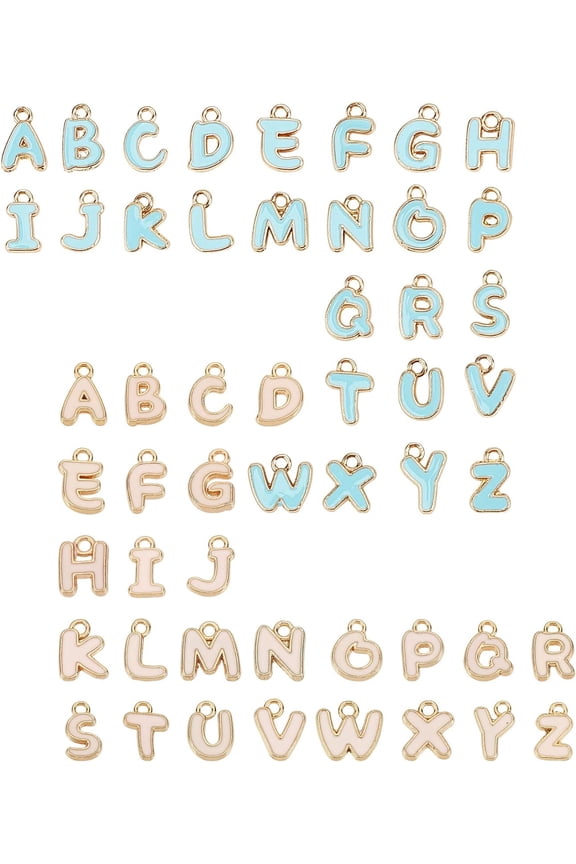 1 Box 52Pcs 26 Alphabet Letter Charms Alloy A-Z Metal ABC Mini Gold Plated Initials Enamel Pendants with Hole for DIY Personalized Jewelry Making DIY Necklace Supplies Pink Blue