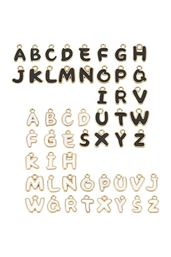 1 Box 52Pcs 26 Alphabet Letter Charms Alloy A-Z Metal ABC Mini Gold Plated Initials Enamel Pendants with Hole for Personalized Jewelry Making DIY Necklace Supplies, Black White