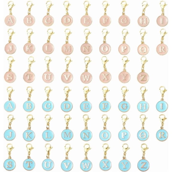 1 Box 52Pcs 26 Styles Letter Stitch Markers Crochet Stitch Charms Enamel Alloy Alphabet A to Z Capital Pink Blue Lobster Claw Clasps Charm for DIY Crocheting Knitting Sewing Weaving Crafts diy