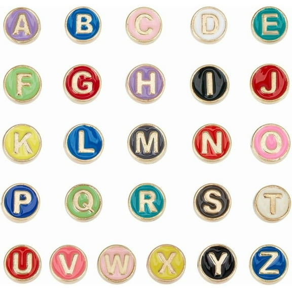 1 Box 52Pcs Alloy Alphabet Beads Metal Letter Bead Bulk Flat Round Initial Alloy Letters Multicolor Enamel Beads