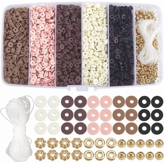 1 Box 5300Pcs Brown Clay Beads Bulk Clay Beads Kit Golden Spacer Flat Round Flower Fall Autumn Polymer Clay Loose Elastic String Friendship Bracelet Kit
