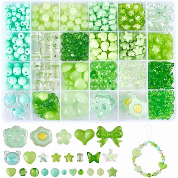 1 Box 539Pcs 24 Styles Green Assorted Beads Cute Acrylic Beads Kit Spring Butterfly Heart Flower Stars Kawaii Aesthetic Beads Bulk for Jewelry Making DIY Bracelet Necklace Crafts Phone Charm