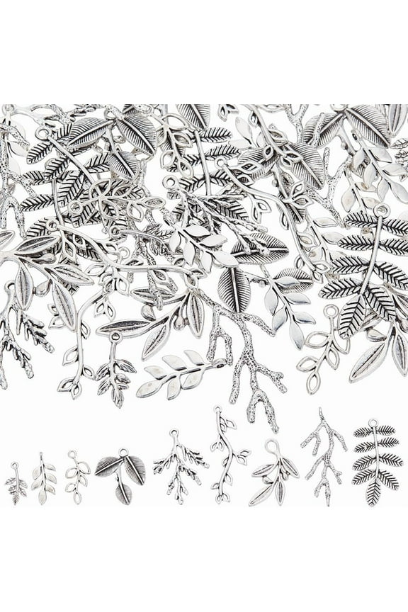 1 Box 54Pcs 9 Styles Tree Branch Charms Metal Leaf Charm Bulk Large Alloy Silver Spring Fall Tibetan Trees Leaves Pendants