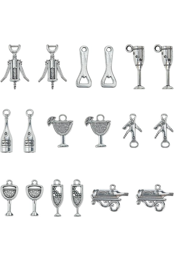 1 Box 54Pcs 9 Styles Wine Bottle Charms Bulk Drink Charm Bar Themed Tibetan Alloy Metal Opener Vintage Goblet Charm for Jewelry Making Charms Supplies DIY Crafts Necklace Earring Keychain Multi-color