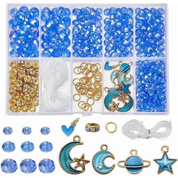 1 Box 550pcs Blue Themed Beads Glass Beads Kit with Charms Round Crystal Loose Beads Moon Star Enamel Pendants Rhinestones Spacer Beads for Jewelry Making Supplies DIY Bracelet Necklace Craft