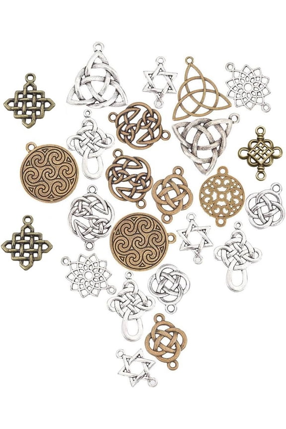 1 Box 56Pcs 14 Styles Celtic Knot Charms Pagan Chinese Knot Flower of Life Connectors Tibetan Style Alloy Hollow Pendants for Crafts Supplies Sliver Bronze