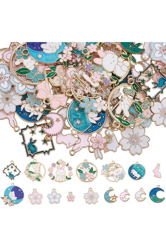 1 Box 56Pcs 18 Styles Rabbit Charm Flower Charms Bulk Metal Enamel Spring Easter Cute Pink Hollow Rabbits Bunny Moon Charm for Jewelry Making Charms DIY Keychain Bracelet Earrings Necklace