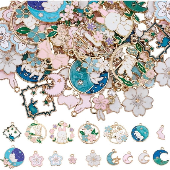 1 Box 56Pcs 18 Styles Rabbit Charm Flower Charms Bulk Metal Enamel Spring Easter Cute Pink Hollow Rabbits Bunny Moon Charm