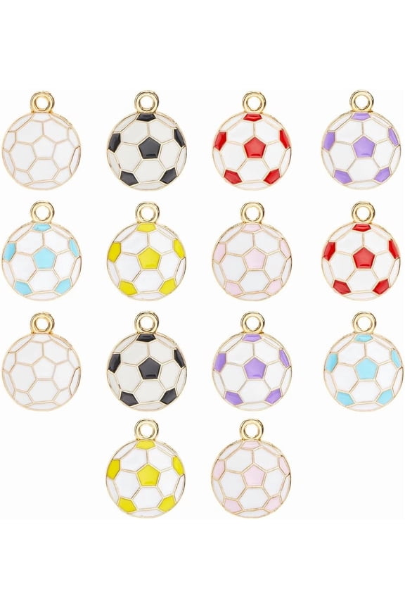 1 Box 56Pcs 7 Colors Soccer Metal Charms Football Charms Bulk Enamel Colorful Round Alloy Gold Ball Dangle Sport Pendants Jewelry Making Supplies DIY Craft Mixed Color