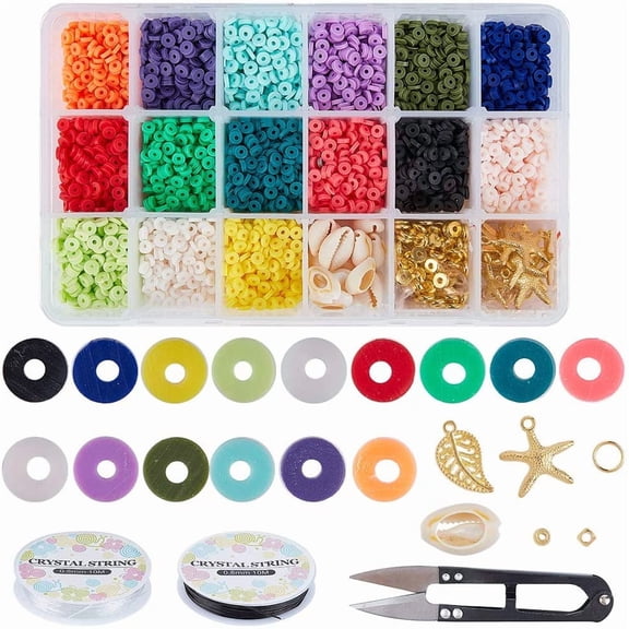 1 Box 5700Pcs Polymer Clay Beads Kit 15 Colors Flat Round Spacer Beads Shell Brass Beads Spacers with Thread Jump Rings Scissors for DIY Jewelry Necklace Bracelet Craft Making6mm