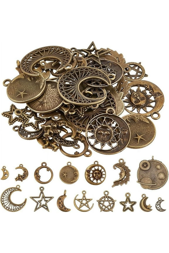 1 Box 58Pcs 15 Styles Celestial Charms Star Moon Charms Crescent Stars Bulk Antique Bronze Retro Witch Magic Charm for Jewelry Making Charms Supplies DIY Necklace Bracelet Earrings Adult