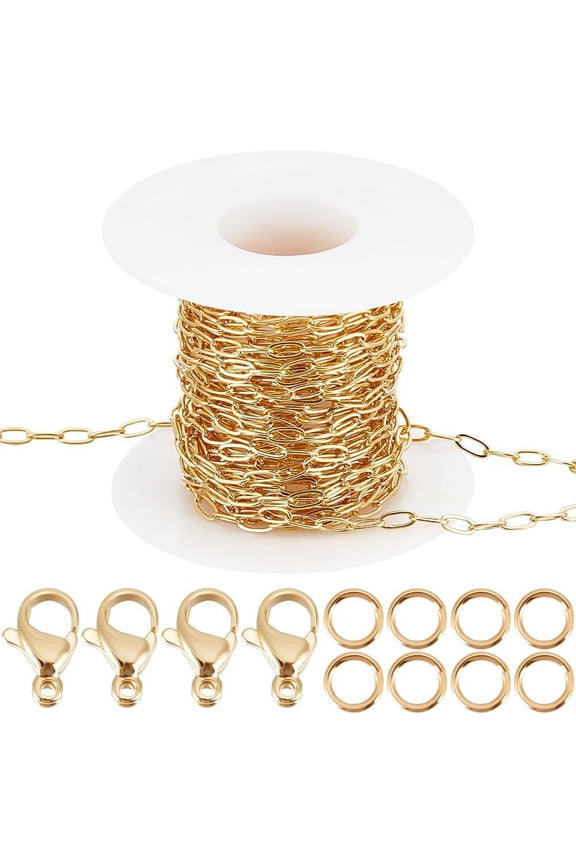 1 Box 5M Flat Oval Paperclip Chains 18K Gold Plated Brass 6mm Oval Chunky Link Necklace with 20Pcs Lobster Claw Clasps 50Pcs Jump Rings for Jewelry Making