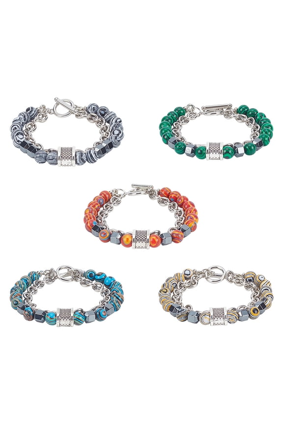 1 Box 5Pcs 5 Colors Dyed Synthetic Malachite & Hematite Beaded Double Layer Multi-strand Bracelets Set Alloy Jewlery for Women Mixed Color 8-3/8 inch(21.4cm) 1Pc/color