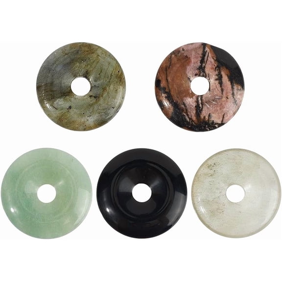 1 Box 5Pcs 5 Styles Natural Gemstone Charm Natural Stone Donut Beads Bulk Circle Flat Round Disc Green Aventurine Stone Pendants for Jewelry Making DIY Necklaces Earrings Bracelets Hole: 6mm Black