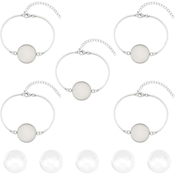 1 Box 5Pcs Bracelet Bezel Settings Stainless Steel Bezel Bracelets Blank Tray Bangles 5Pcs 20mm Flat Round Clear Glass Cabochon