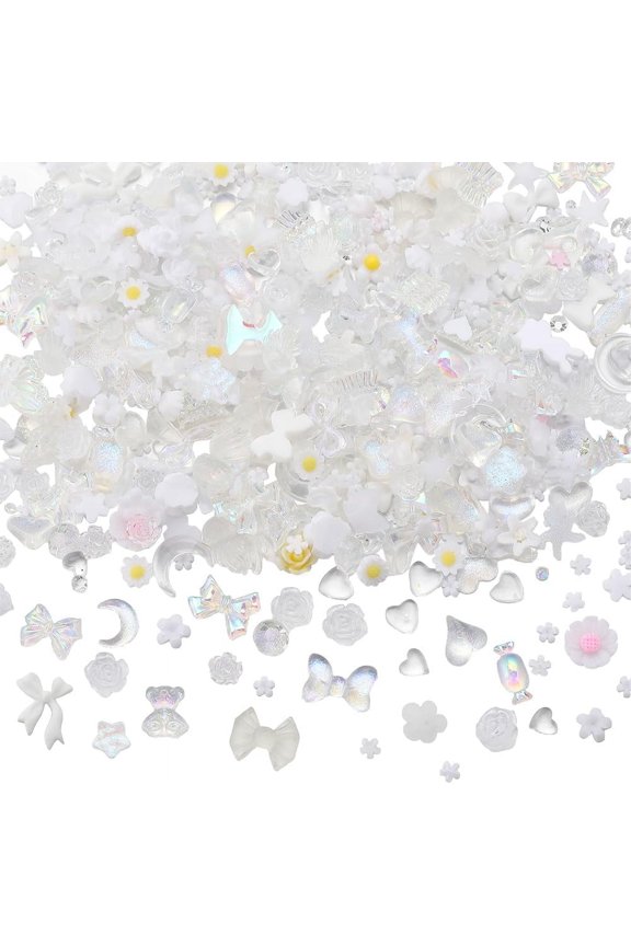 1 Box 6 Bags White Nail Charms Resin Nail Art Charms Nail Art Decoration 3D Nail Art Charm Nail Accessories Charms Fish Tail Star Flower Heart Flat Backs for DIY Nail Art Phone Case Decoration