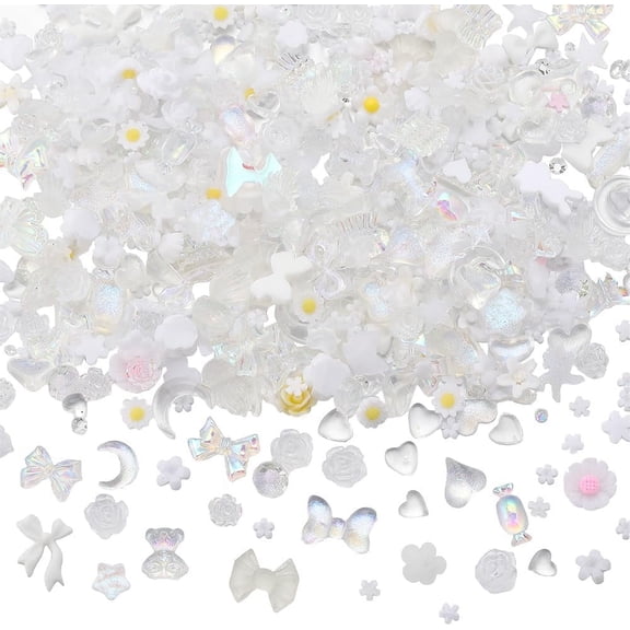 1 Box 6 Bags White Nail Charms Resin Nail Art Charms Nail Art Decoration 3D Nail Art Charm Nail Accessories Charms Fish Tail Star Flower Heart Flat Backs