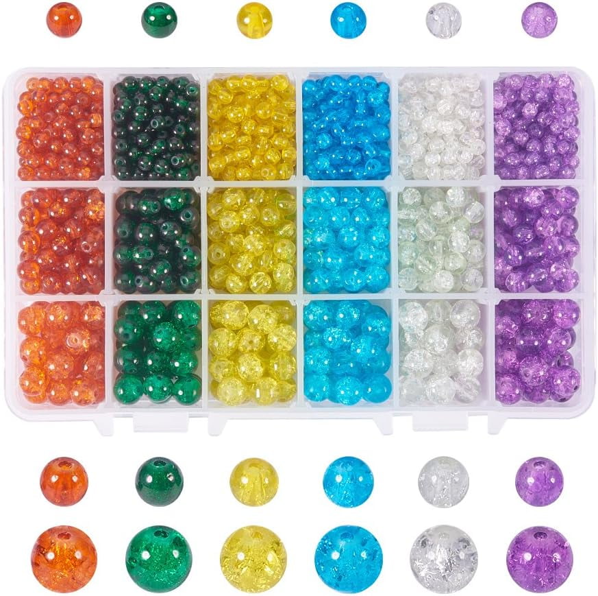 1 Box 6 Colors 1980PCS Assorted 3 Size Crackle Glass Beads 4mm 6mm 8mm Baking Spray Painted Round Split Tiny Glass Loose Beads for Jewelry Making and Craft