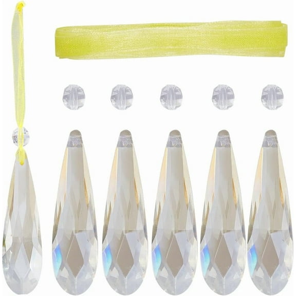 1 Box 6 Pack 76mm Prisms Hanging Crystals Chandelier Gold Teardrop Ornaments Glass Chandelier Prisms Pendants for Christmas Tree Wedding Party Holiday Home Decoration Supplies