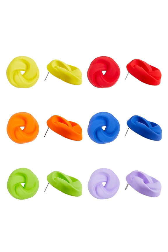 1 Box 6 Pairs 6 Colors Spray Painted Acrylic Stud Earrings with Steel Iron Pins Round Knot Mixed Color 33mm 1 Pair/color DIY