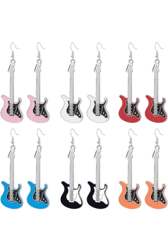 1 Box 6 Pairs Alloy Guitar Dangle Earrings Black White Music Bass Electric Guitar Earrings Punk Instrument Drop Earrings Jewelry for Women Music Lovers