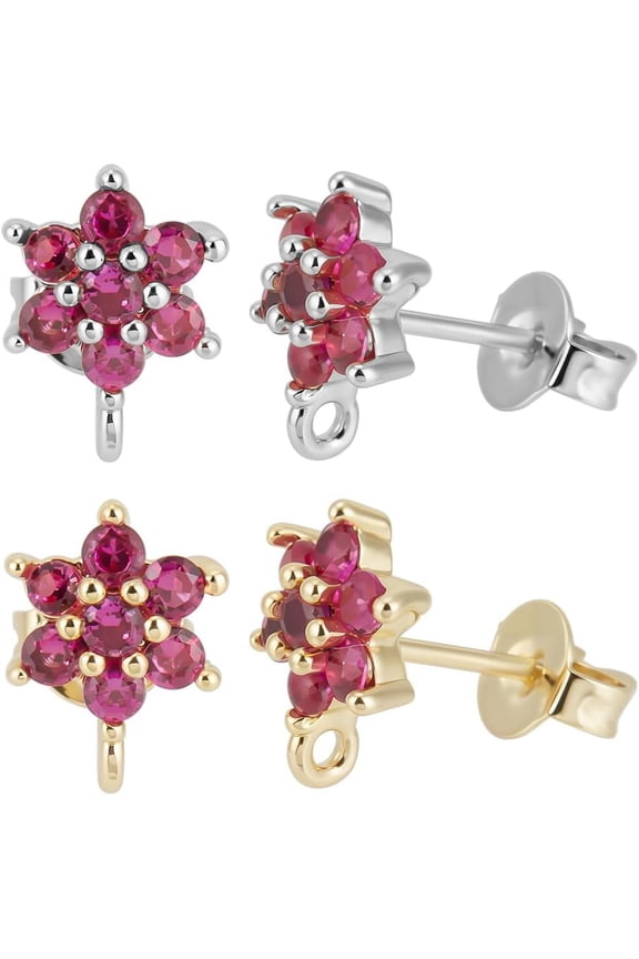 1 Box 6 Pairs Flower Earrings Findings 18K Gold Plated Purple Cubic Zirconia Earring Studs with Loop for Women Dangle Earring Jewelry Making for DIY