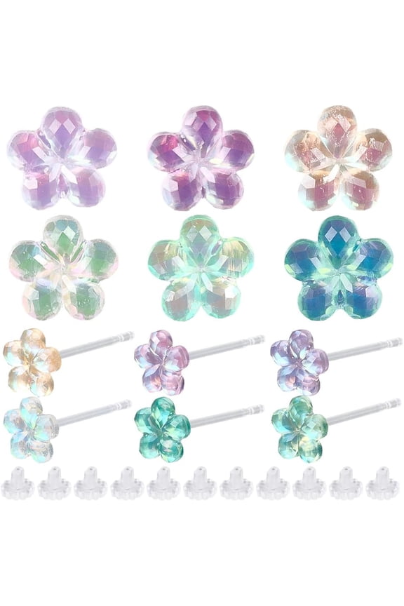 1 Box 6 Pairs Flower Resin Stud Earrings Spring Post Earrings Cute Five Petal Colorful Comfortable Studs with Clear Backs for Sensitive Ears Women Comfortable Lightweight Daily Wear Making DIY