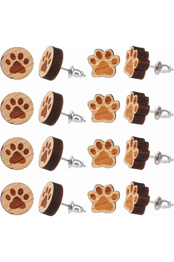 1 Box 6 Pairs Wooden Earring Stud Cat Dog Animals Paw Print Wood Stud Earring Set Wooden Stud Earrings Bulk Wood Earring Studs Wooden Earring Studs
