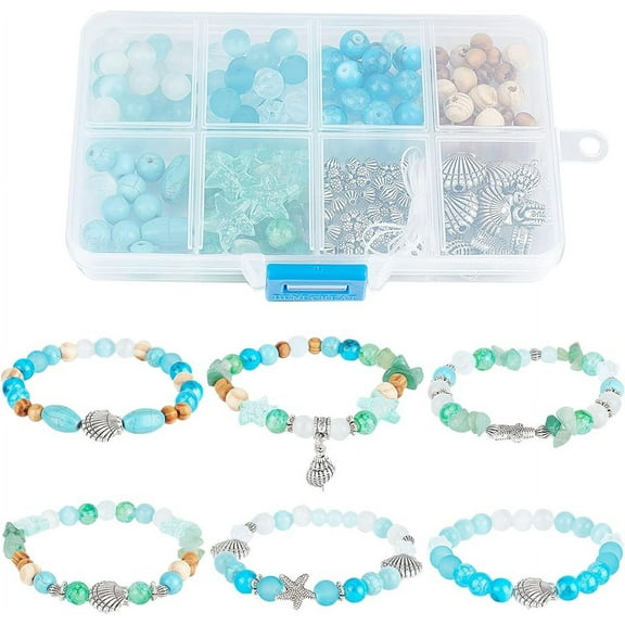 1 Box 6 Set Ocean Bracelet Making Kit Summer Hawaii Bracelets Ankles Sea Animal Beads Blue Glass Beads Sea Shells for Jewelry Making Kits Beginners Starter Adult DIY Beading Kits Craft