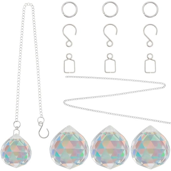 1 Box 6 Sets 30mm Rainbow Maker Clear Ball Small Glass Sun Shine Catcher Ball Prisms Kit with Hooks Chains for Home Window Hanging Decoration Ornament DIY Gifts DIY