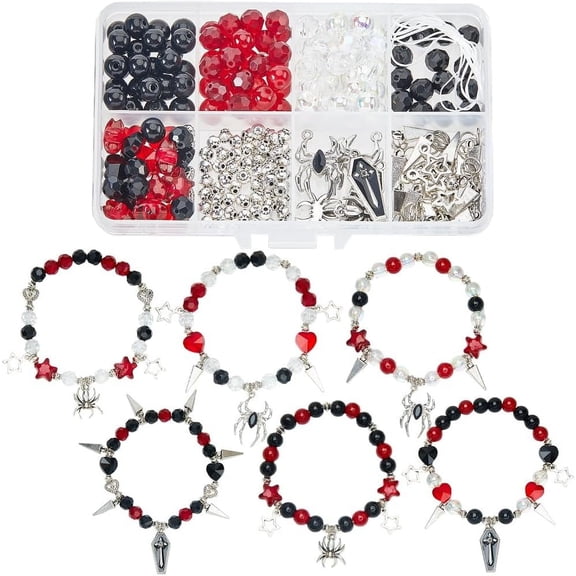 1 Box 6 Sets Bracelets Kit Coffin Spider Charms Gothic Charm Round Heart Star Bead Black Red Glass Spacer Beads DIY