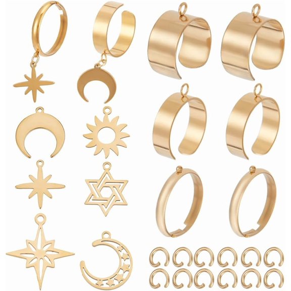 1 Box 6 Sets Gold Stainless Steel Charm Ring Dangle Finger Rings Bulk Star Moon Sun Golden Celestial Galaxy French Style Metals Adjustable Rings Sets