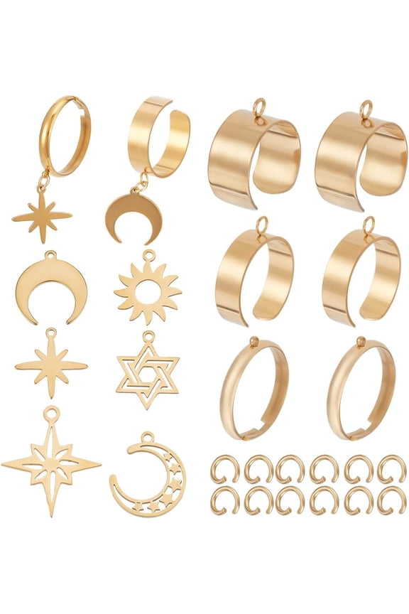 1 Box 6 Sets Gold Stainless Steel Charm Ring Dangle Finger Rings Bulk Star Moon Sun Golden Celestial Galaxy French Style Metals Adjustable Rings Sets DIY