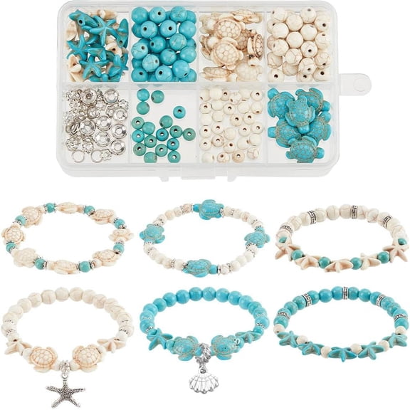 1 Box 6 Sets Ocean Theme Bracelet Making Kit Starfish Beads Turtle Beads Bulk Boho Hawaii Shell Charms Blue Ocean Bead Sea Animal Bead Shell Beads for Jewelry Making Kits DIY Supplies diy