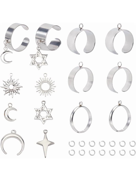 1 Box 6 Sets Single Finger Ring Stainless Steel Ring Set Star Moon Sun Celestial Galaxy French Style Metals Silvery Rings Sets for DIY Jewelry Making Supplies Wedding Birthdays Gifts Women