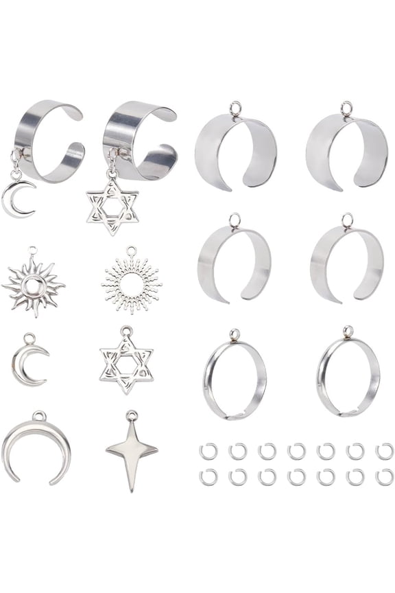 1 Box 6 Sets Single Finger Ring Stainless Steel Ring Set Star Moon Sun Celestial Galaxy French Style Metals Silvery Rings Sets for DIY Jewelry Making Supplies Wedding Birthdays Gifts Women