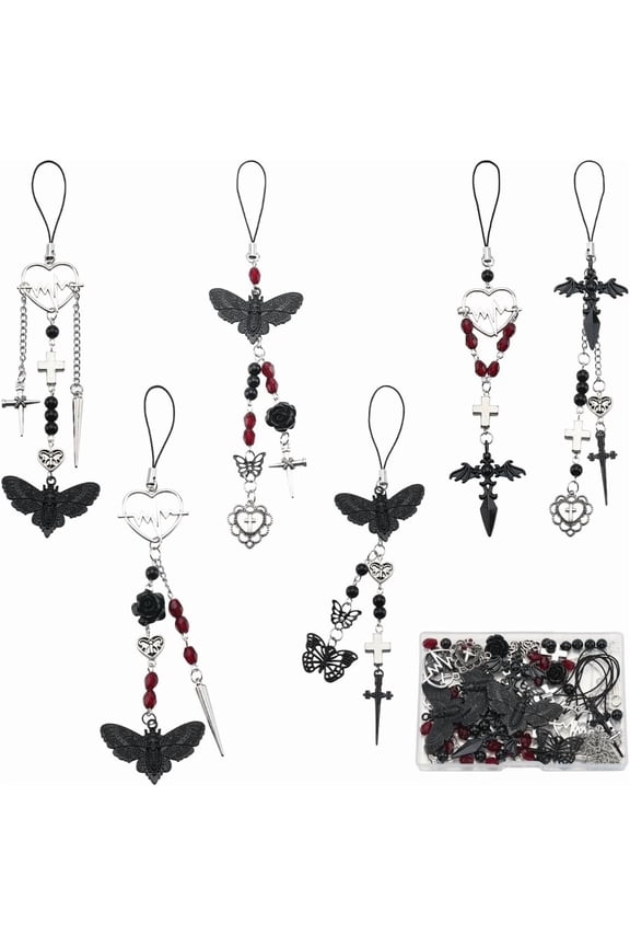 1 Box 6 Straps Phone Charm Making Kit Halloween Phone Charms Strap Skeleton Moth Butterfly Cross Cellphone Charm Gothic Moblie Phone Case Decor