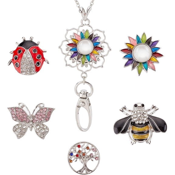 1 Box 6 Styles Christmas Lanyard Snap Button Lanyard Necklace Set Rhinestone Snowman Red Green ID Badge Lanyards Badges Holder Stainless Steel Necklace Chain for Badge Holders Keys Gifts