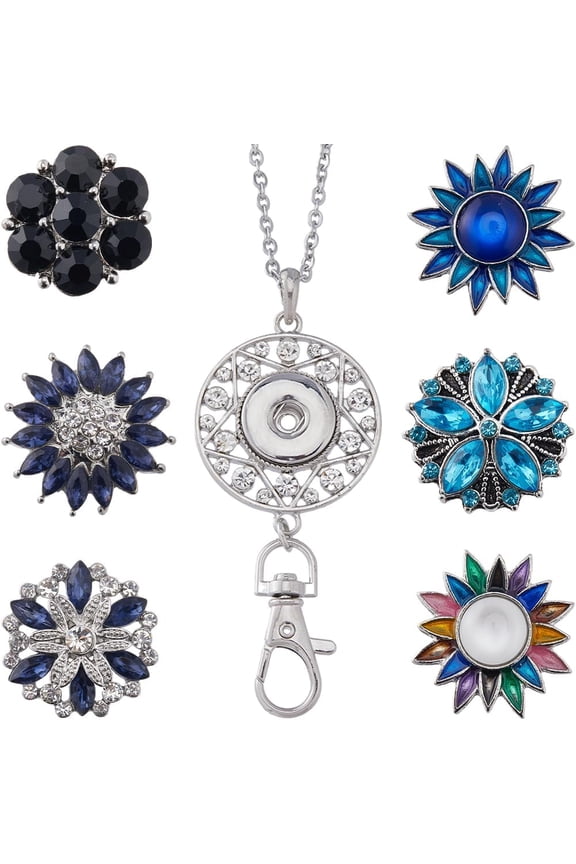1 Box 6 Styles ID Badge Lanyard Cute Women Badge Holder Blue Black Rhinestone Flower Snap Charms Stainless Steel Necklace Chain Interchangeable Fancy Badge Lanyards Breakaway for Teachers Mixed Color