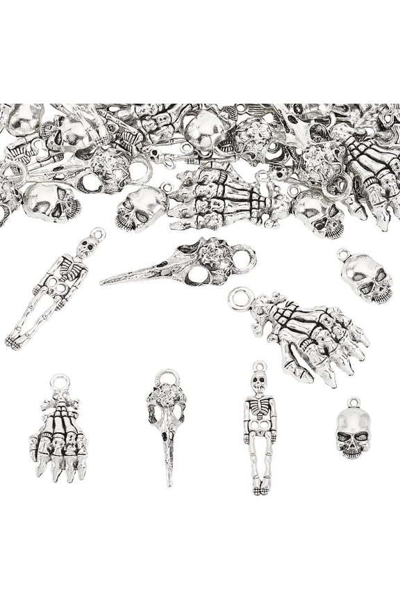 1 Box 60 Pcs 4 Styles Metal Skeleton Skull Hand Claws Charm Bird Head Skeleton Pendant Alloy Crow Raven Skull Charms Tibetan Style Pendants for Key Chain Necklace Bracelet Jewelry Making