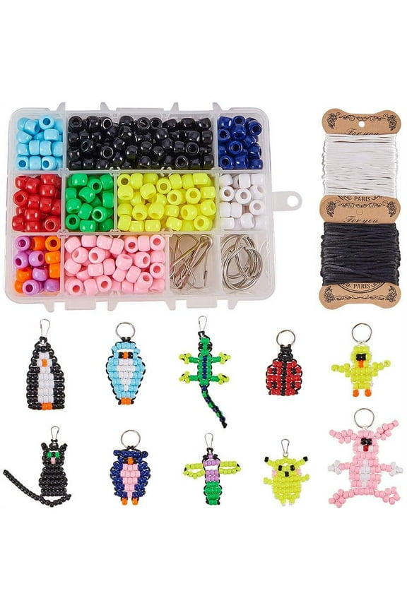 1 Box 600+Pcs DIY 10Sets Bead Pets Kit 8mm Large Pony Beads Bead Animals Keychain Kit Video tutorials Gecko Lizard Pet Bead Bulk for Christmas Crafts Gift Fun Supplies Paper Instruction colorful